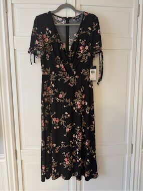 Chaps Black Floral Midi Dress with Pink Rose Print